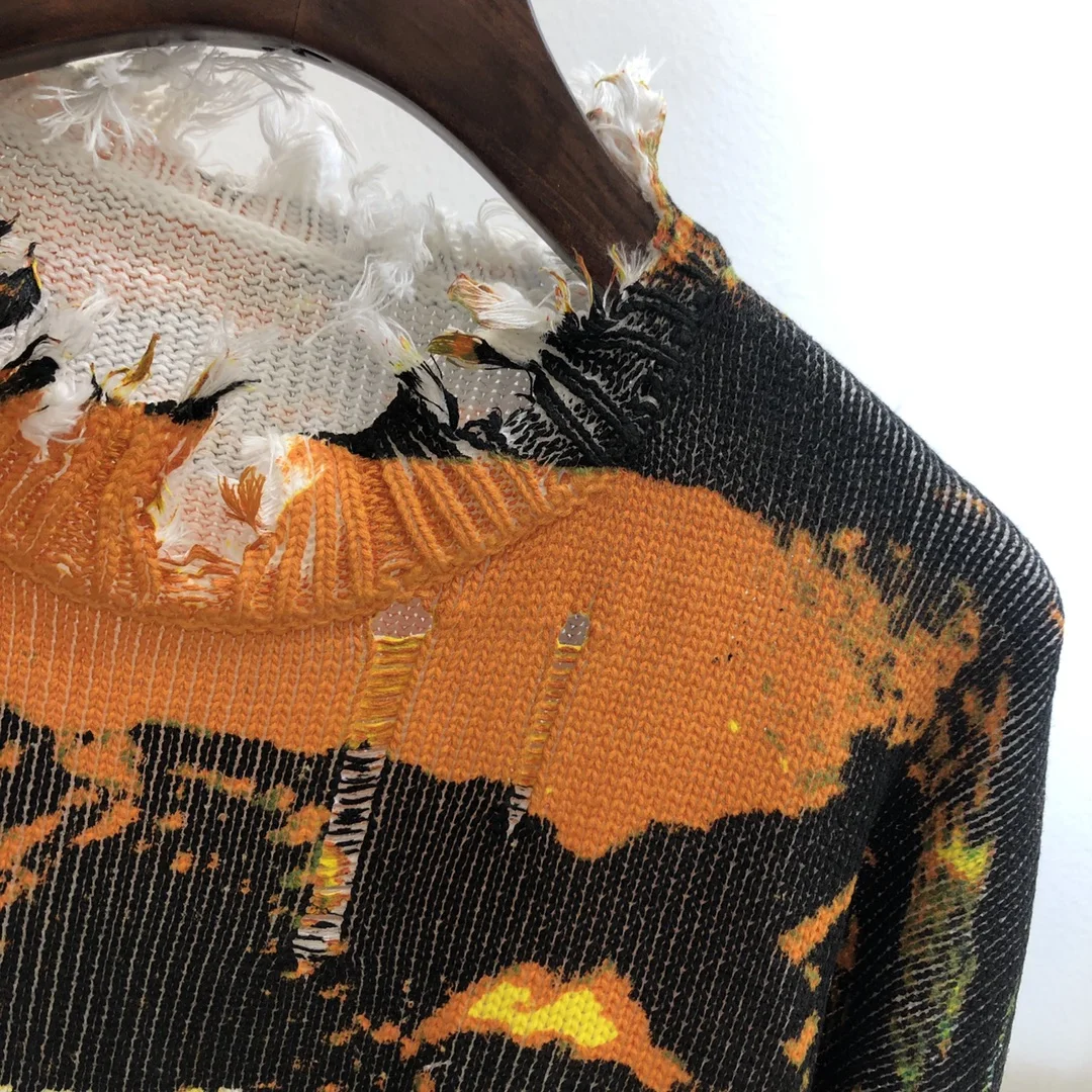 2020 new ladies fashion long-sleeved sexy casual handmade hook broken rock print sweater 1215