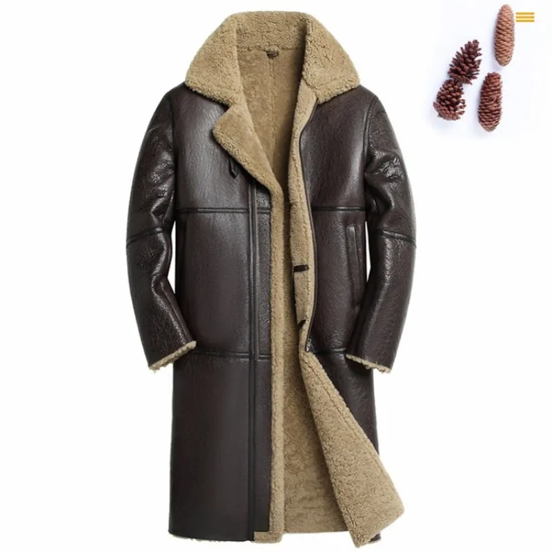 

Men Medium-Long Original Shearling Coat Luxury Winter Thick Real Fur Military Overcoat Warm Vintage Casual Jacket Plus Size 6XL