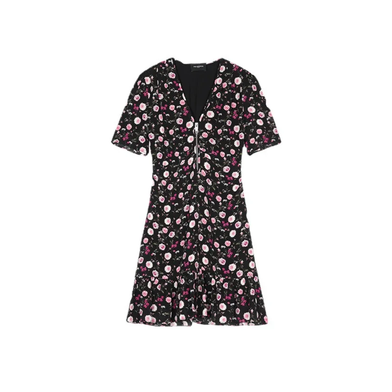 

2021 women elegant zipper mini dress deep V-neck French brand short-sleeved high-waist office dress for women