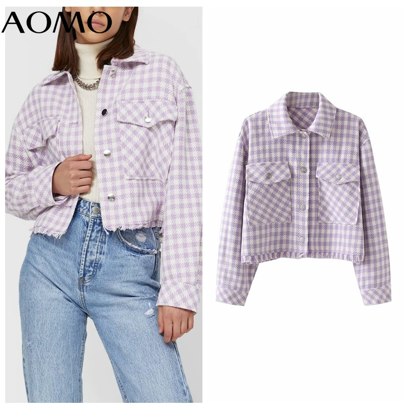 

Женский твидовый укороченный пиджак AOMO из твида с длинными рукавами и карманами, модель 2021 года, QW57A