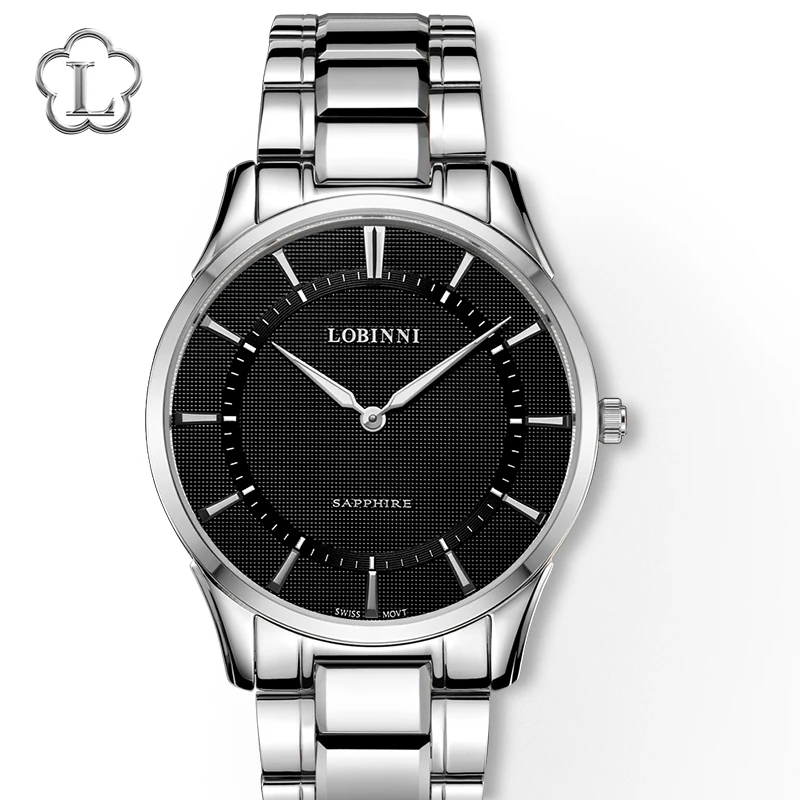 Silver-Black Швейцарские наручные часы LOBINNI, мужские часы, Чайка, Япония, Citizen, кварцевые часы, сапфировые, синие, Роскошные, relogio masculino - Цвет: Silver-Black