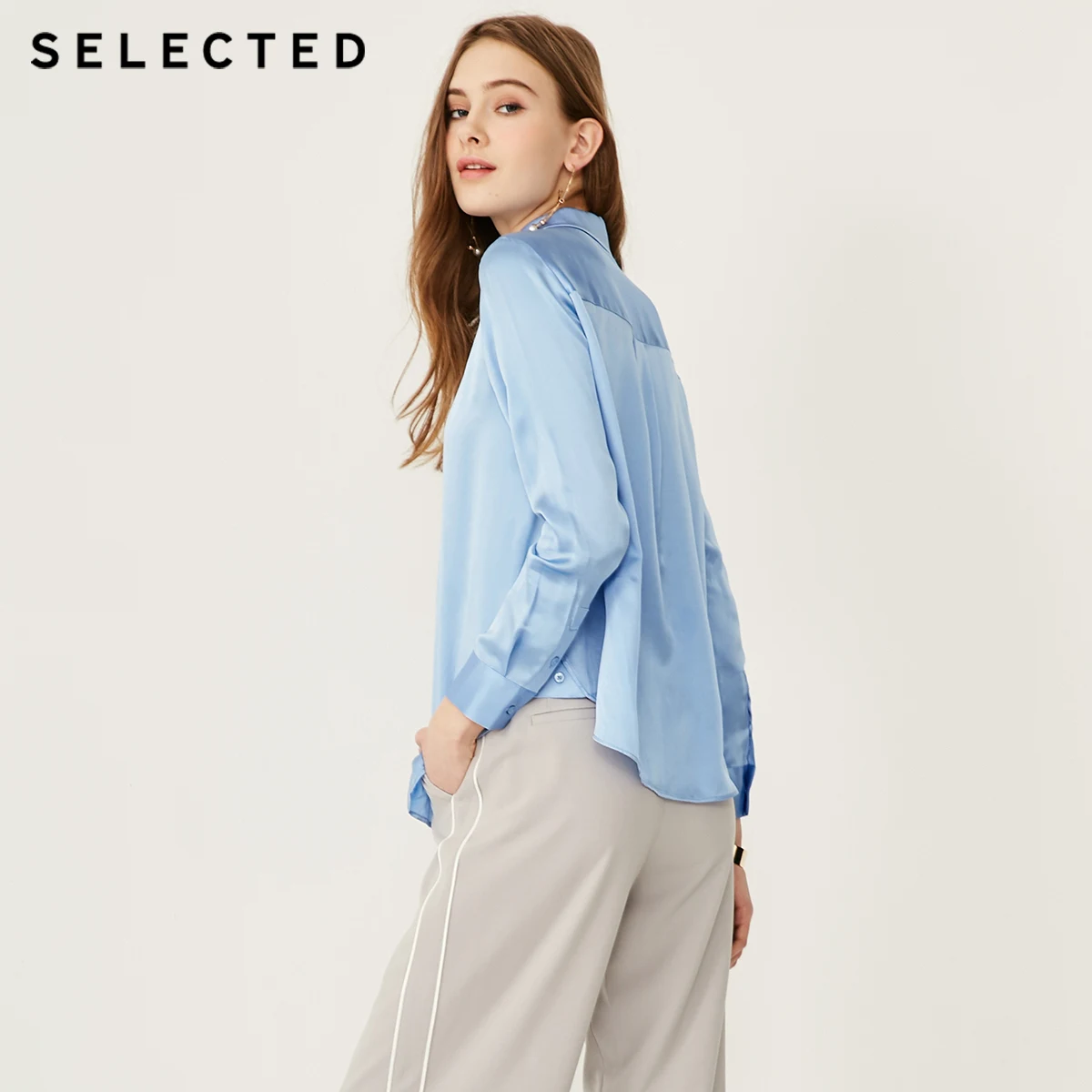 Женская рубашка с длинными рукавами из шелка тутового цвета синего S | 419205512