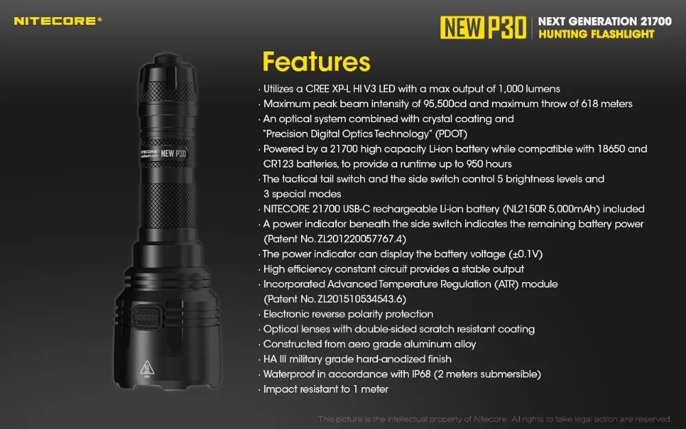 NITECORE P30 охотничий фонарь XP-L HI V3 max 1000 люмен длинный бросок 618 м фонарь 21700 USB-C перезаряжаемый аккумулятор