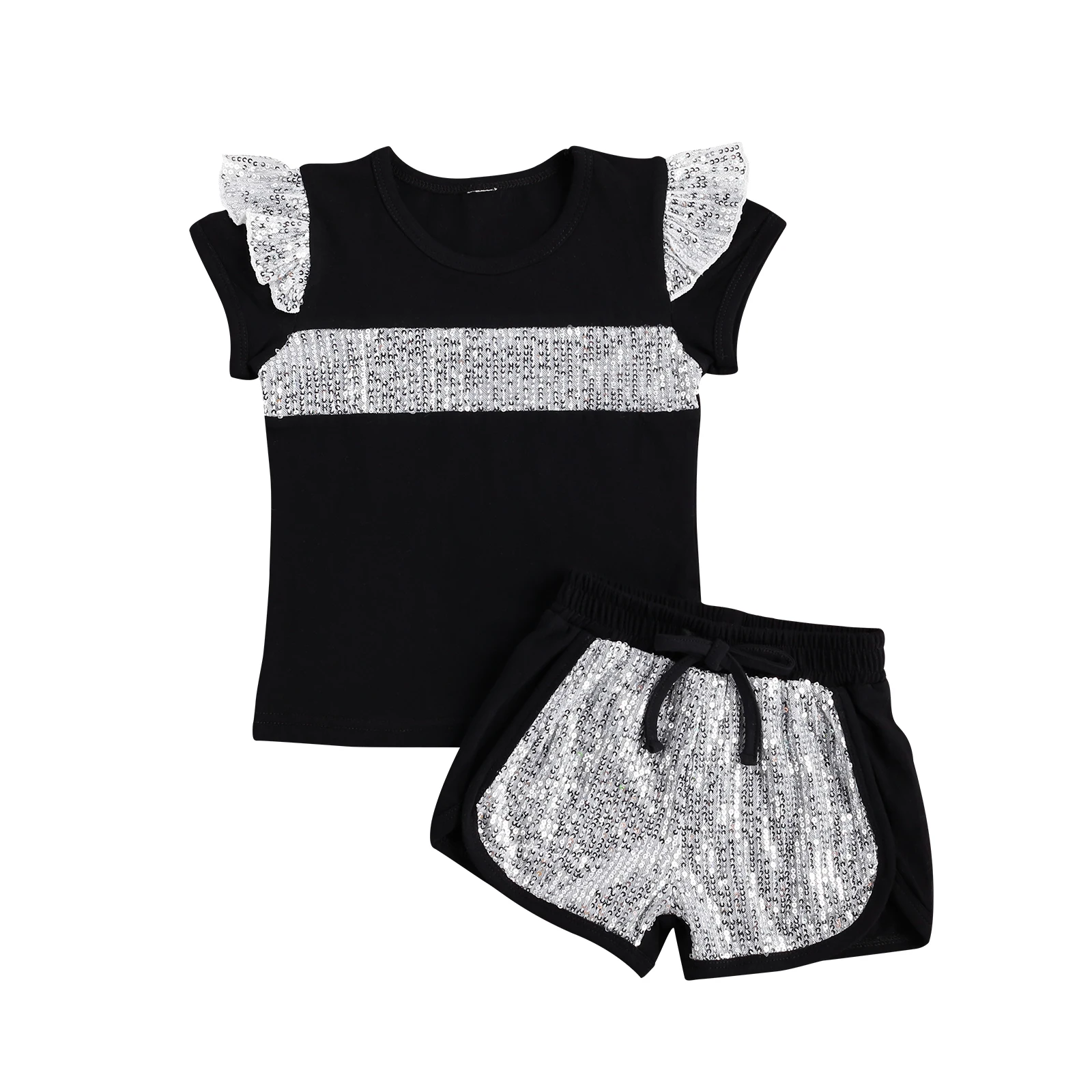 

2-7 Years Little Girl's Summer 2 Pcs Set Sequins Patchwork Short Sleeve Lace Crew Neck Top and Short Pants with Drawstring