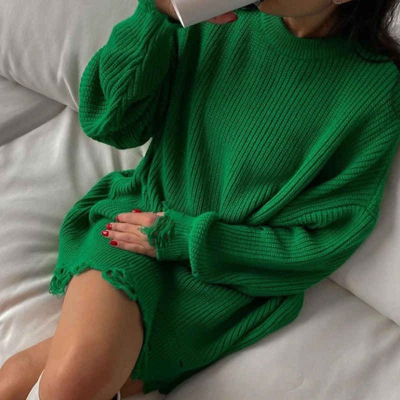 

2021 Y2K Women's Oversized Sweater Knitted Green O Neck Long Sleeve Pullover Tops Casual Party Sexy Club Sweaters Dresses Women