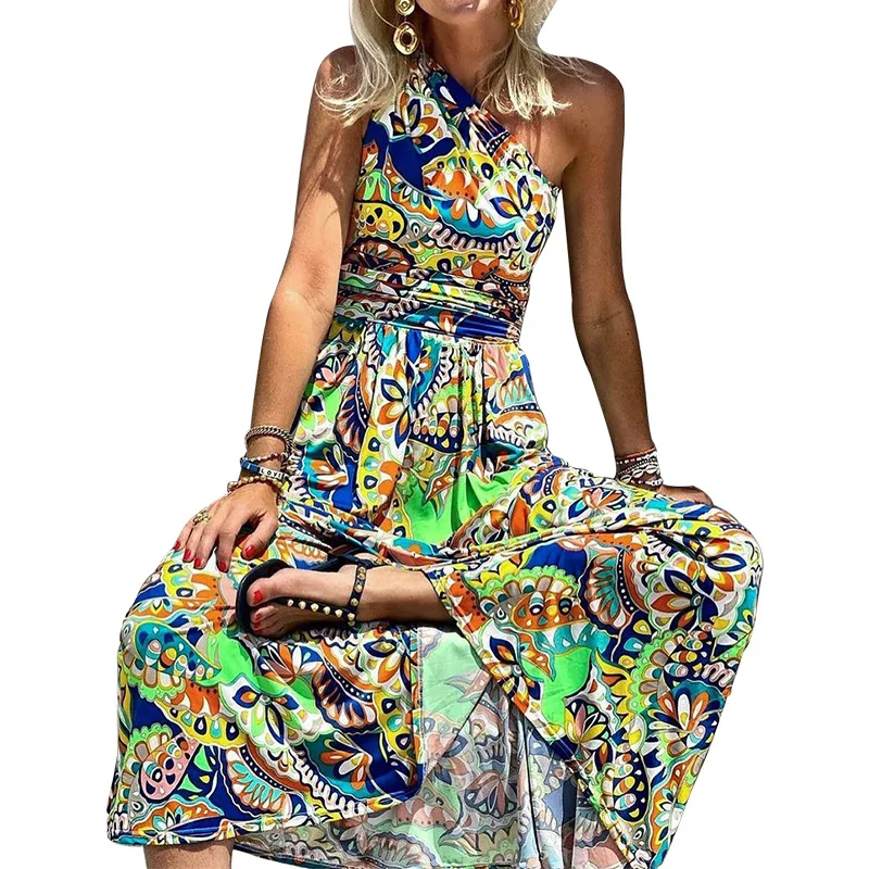 

maxi dresses for women Women's 2021 new printed one-shoulder sleeve bohemian long dress