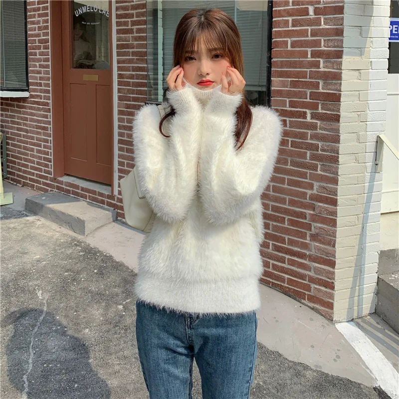 Теплый зимний пушистый мохеровый вязаный свитер женские повседневные пуловеры