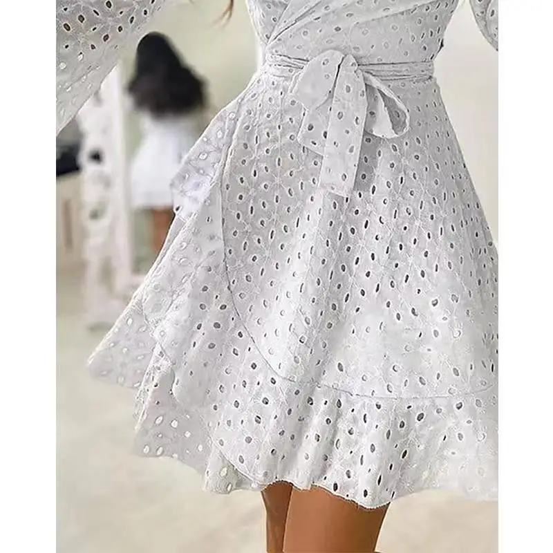 

Women Soild Hollow Out V Neck Flared Sleeve Sexy High Waist Dress Bodycon Dress Woman Dress Party Dress Lace Summer Dress