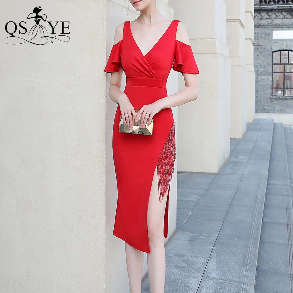 

Red Short Evening Dresses Plugging V Neck Sheath Prom Gown Beading Tassel Side Sleeves Formal Dress Stretch Slit Party Dress