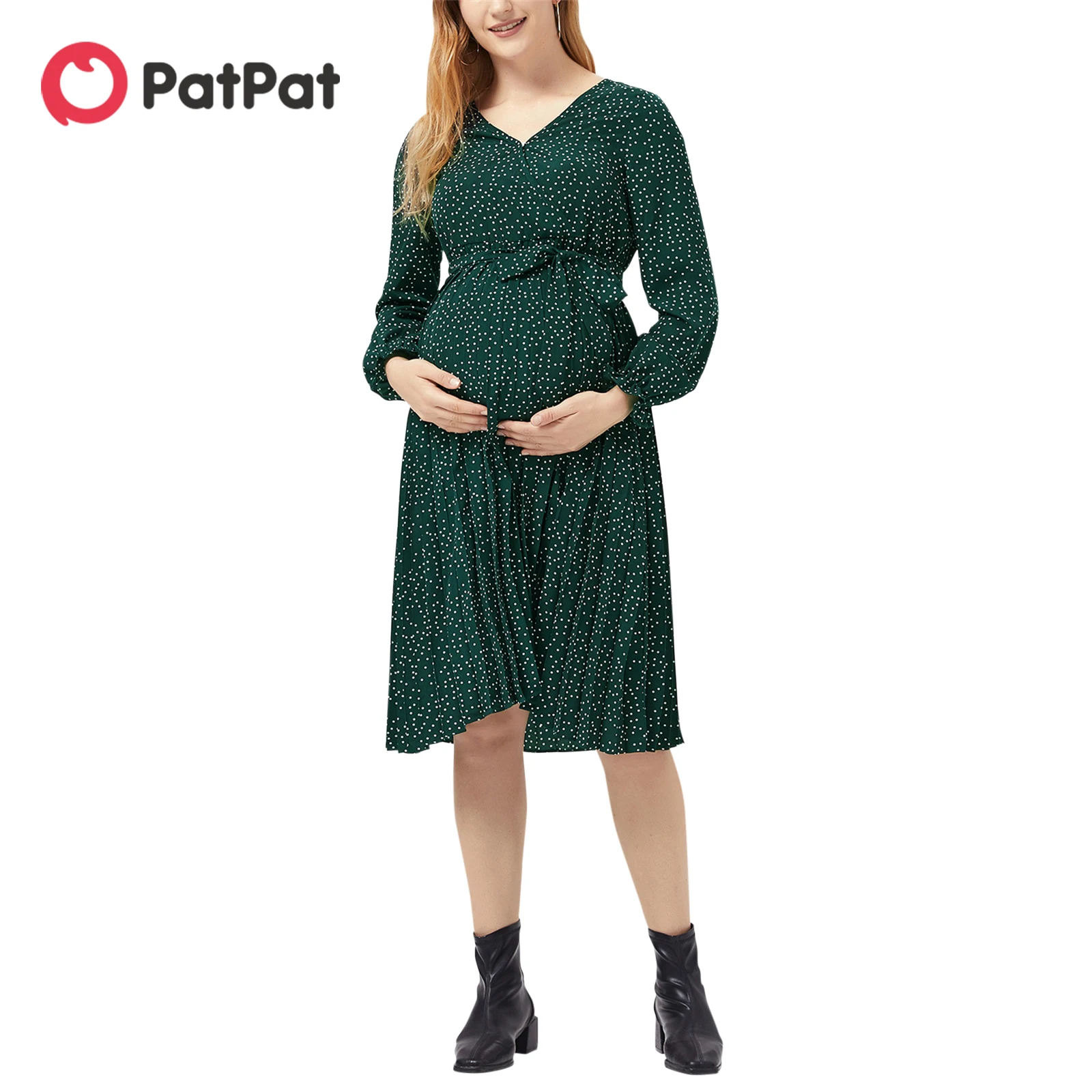 

Платье в горошек с длинным рукавом и поясом для кормления PatPat