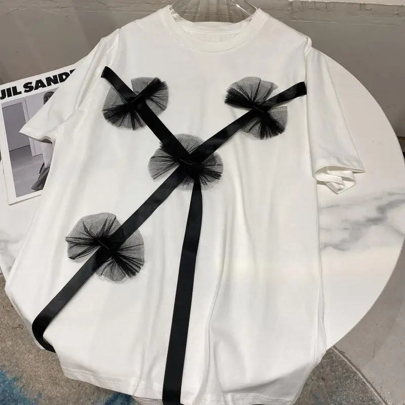 

2021 Summer T Shirt New Fashionable Bow Mesh Lace-up Patchwork Women Tops Crew Neck Short Sleeve T-shirt Ladies Pullover