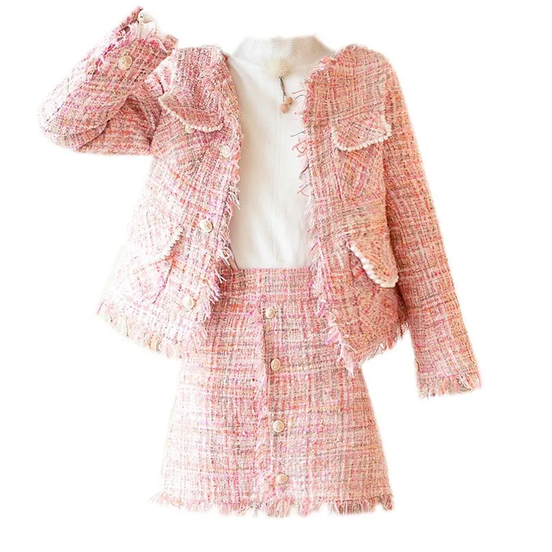 

Fashion Office Ladies Slim Fit Tweed Jacket Two Piece Set Sexy Mini Skirt Party Outfits Tassels Brand Twill Suits Matching Sets