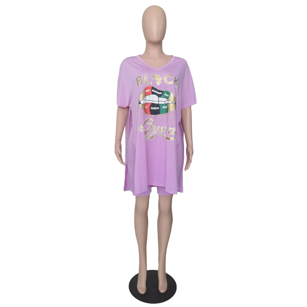

Summer Fashion Mouth Printed 2 Piece Tee Outfits Women V Neck Loose Long Top Above Knee Skinny Shorts Sexy Side Split Tracksuit