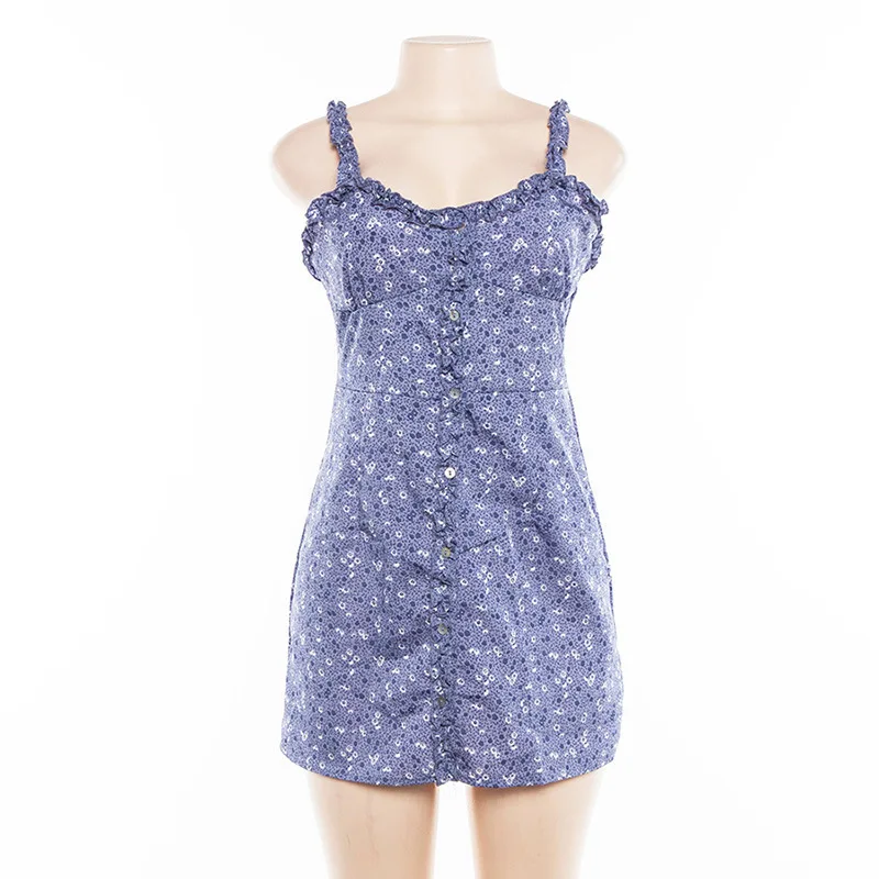

Summer Women Dress 2021 new Strap Button Sheath Mini Dress Ruffle Floral Print Vintage Dress Ladies Hip Slim Pencil Dresses