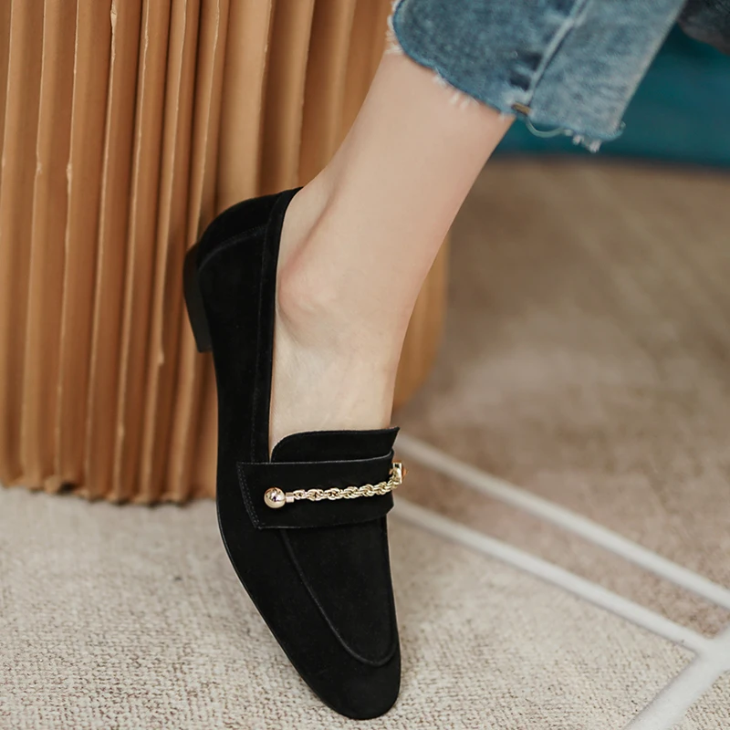 

Women's natural suede leather chain decoration slip-on flats loafers round toe leisure soft comfortable moccasins daily shoes