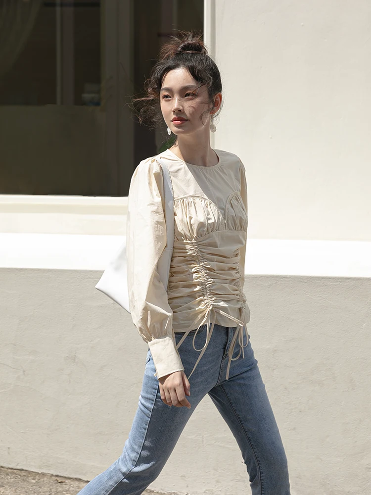 Новая Осенняя блузка со складками с пышными рукавами 2019 Модный корейский стиль