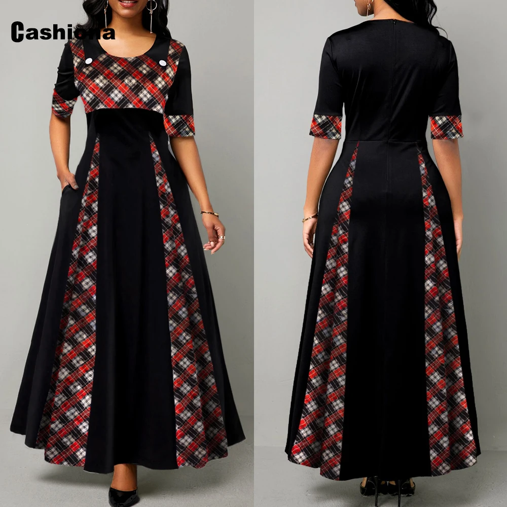 

Plus Size 5xl 2020 Women Vintage Long Dress Autumn England Style O-neck Plaid Print Maxi Dress Casual A-line Dresses Robe Femme