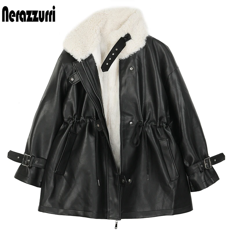 Nerazzurri Thick warm black faux leather jacket with fur inside long sleeve zipper Winter faux fur lined coats for women Fashion