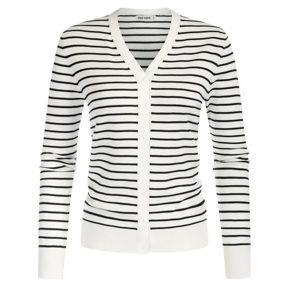 

GK Women Striped Cardigan Sweater Long Sleeve V-Neck Button-up Knitwear Long Sleeve V-neck Button Cardigan Sweater