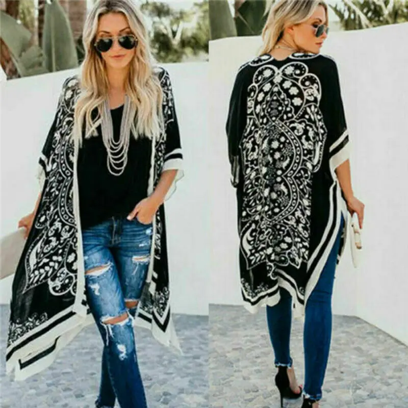 Накидка женская с цветочным принтом модная уличная кимоно в стиле бохо мягкая