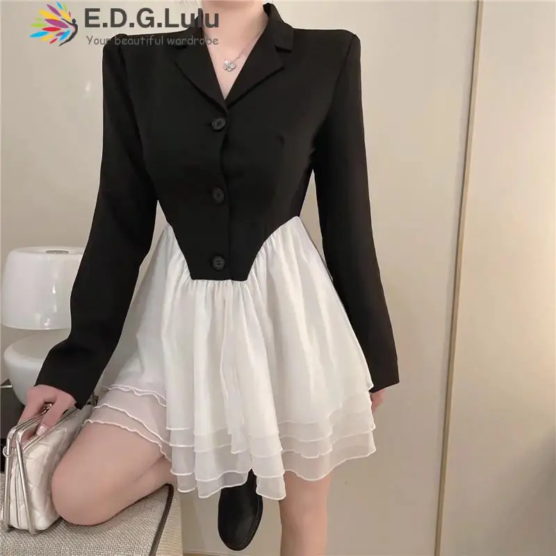

EDGLuLu Turn-down Collar Single-breasted Black Patchwork White Designer Dress Women 2021 Runway Cascading Ruffle Mesh Dress 1008
