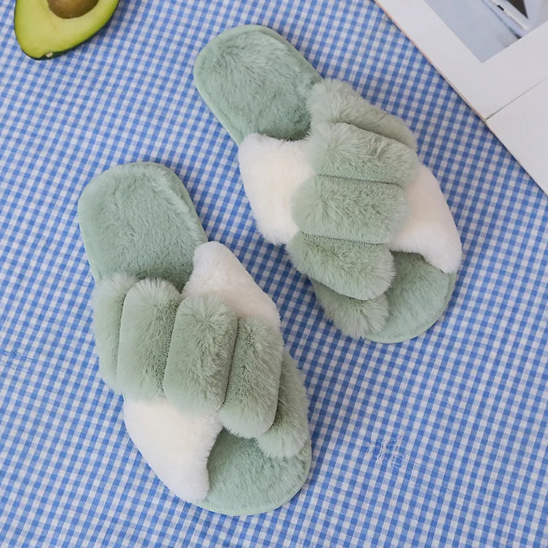 

22021 new cross plush slippers women's flat bottom indoor floor plush slippers
