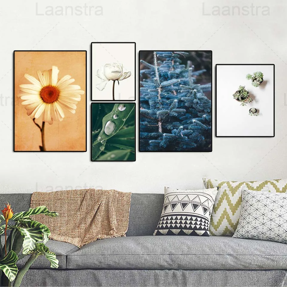 

Sunflower Home Decoration Grass Green Leaves with Dew Living Room Wall Canvas Poster Plant Fresh Dining Room Print Pinecones