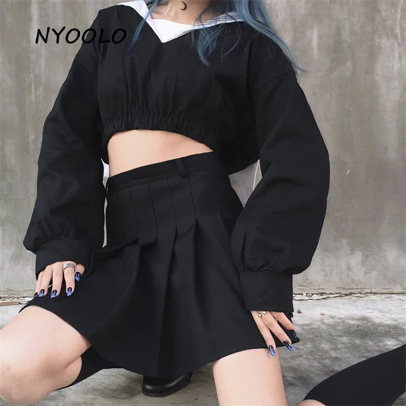 NYOOLO консервативный стиль Harajuku японские девушки матросский воротник чёрное худи осень хлопок длинный рукав пуловеры толстовка женская ткань