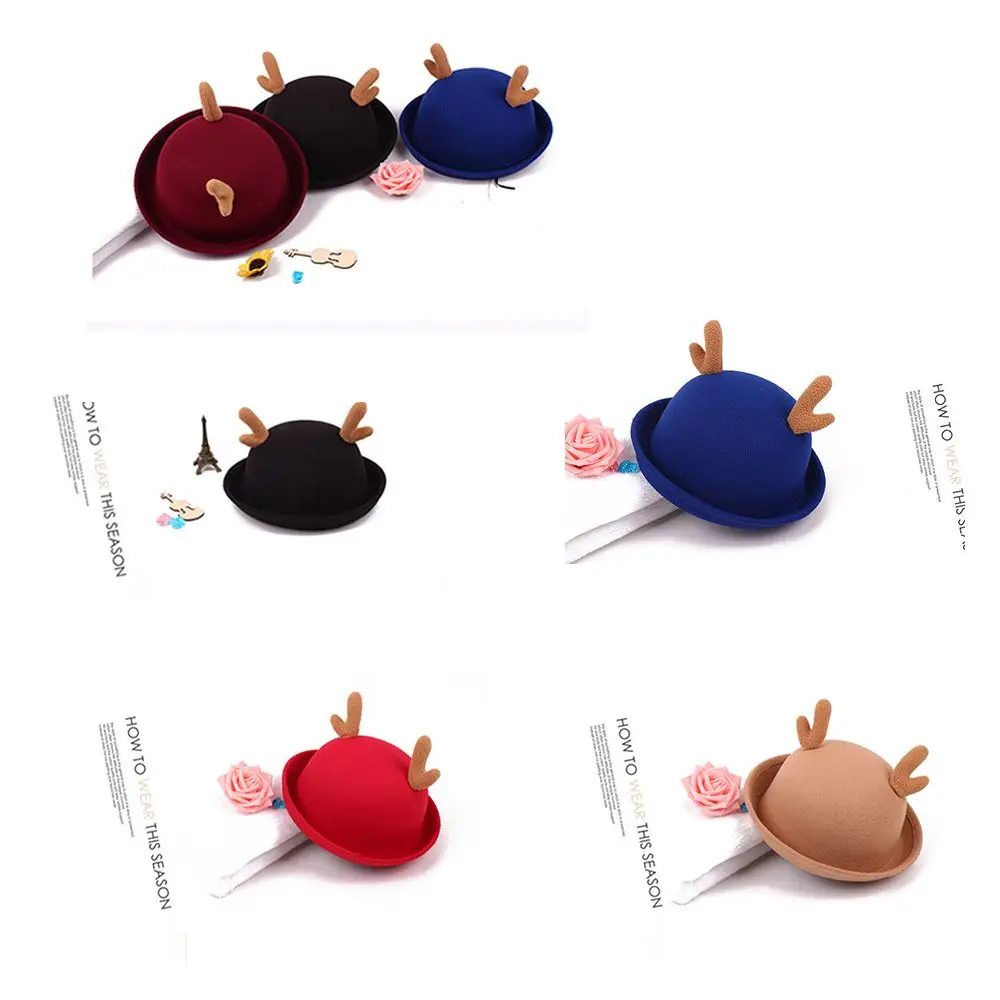 

New Soft Formal hat Solid color Girls Elk antlers Parent-child Woolen cloth Bowler hat Winter