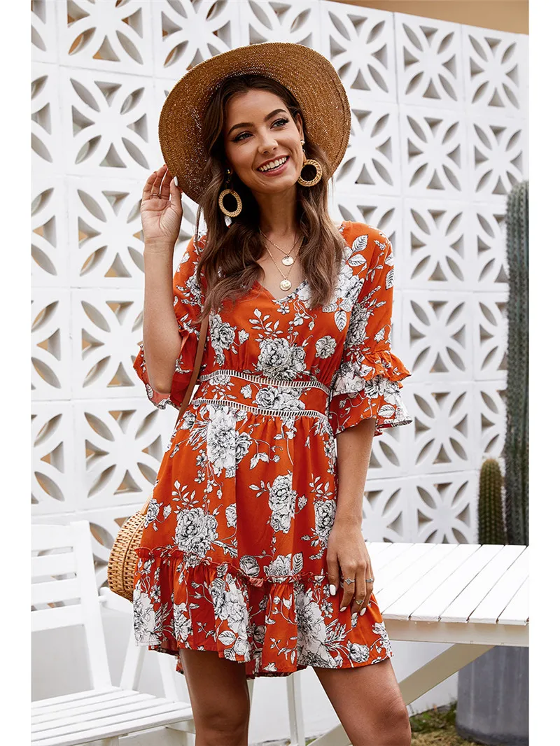 

Fashion Floral Ruffles Women Summer Dress 2020 New Sexy Backless V-Neck A-Line Middle Sleeve Beach Dress Slim Vestido Robe Femme