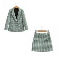 xeasy 2021 tweed women two piece set green plaid vintage office lady double breasted blazer female slim high waist skirt suit