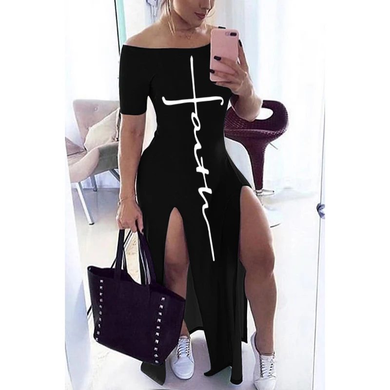 

FAKUNTN Letter Pattern Off Shoulder Split Maxi Dress Women Fall Winter 2020 Short Sleeve Sheath Casual Fashion Sexy Club Long