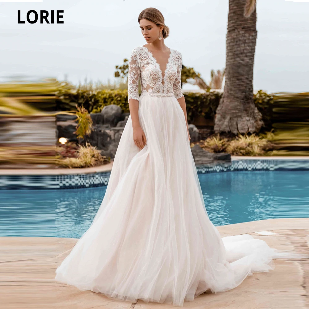 Свадебные платья LORIE в стиле бохо Пляжное Тюлевое платье с рукавом до локтя 2020 V