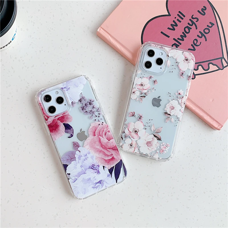 

Shockproof Pink Rose Flower Phone Case For iPhone 12 Mini 11 Pro XS MAX XR 7 8 Plus SE 2020 Transparent Floral Back Cover Coque