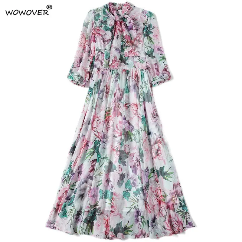

Elegant Fashion Summer Runway Designer Bow Collar Midi Holiday Chiffon Floral Dresses for Women Female Clothes Boho Party Robe