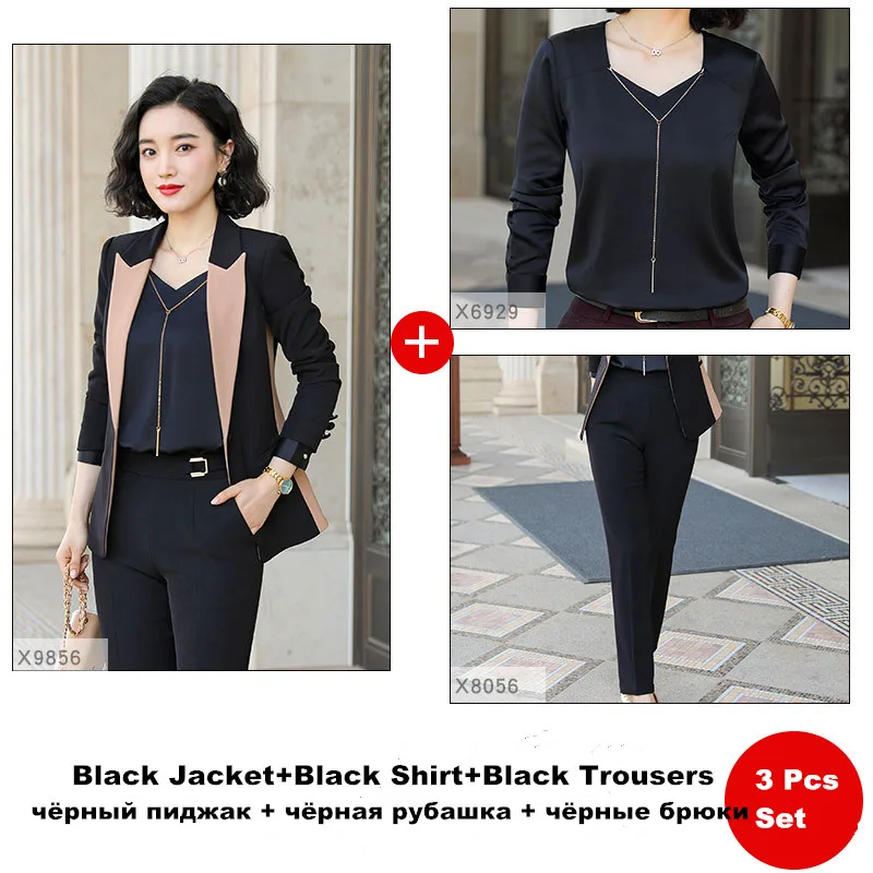 black 3 pcs trousers Женские брюки, костюм, комплект, осень, новая мода, длинный рукав, Лоскутная куртка, длинные брюки, для работы, для женщин, офисный костюм, ow0524 - Цвет: black 3 pcs trousers