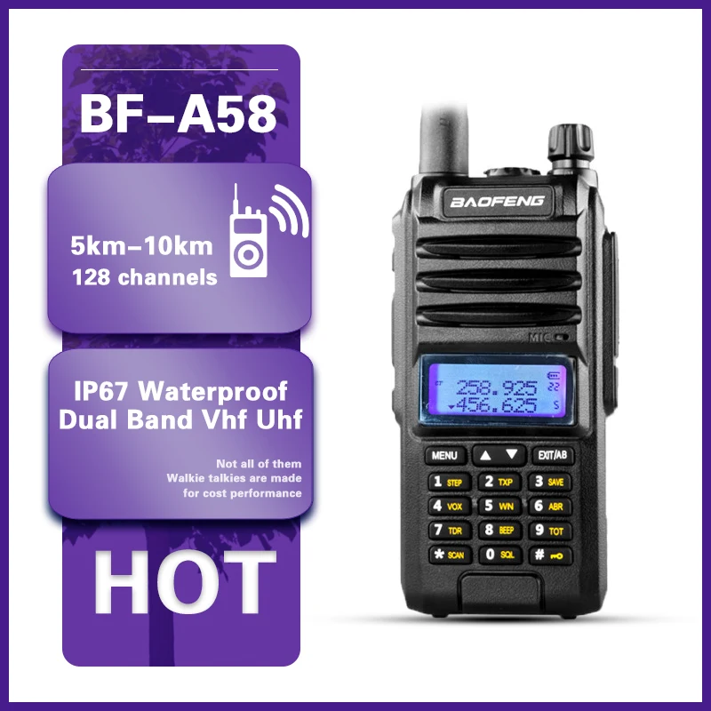 Baofeng BF-A58  Walkie Talkie IP67 Waterproof Dual Band Vhf Uhf Led Display FM Frequency Transceiver Station CB Ham TwoWay Radio