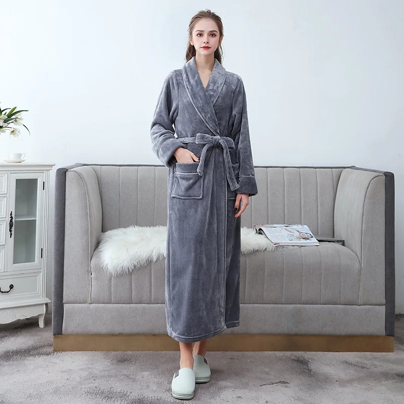 

Women Men Long Warm Dobby Coral Fleece Bathrobe Winter Thick Flannel Thermal Bath Robe Kimono Dressing Gown Bride Peignoir