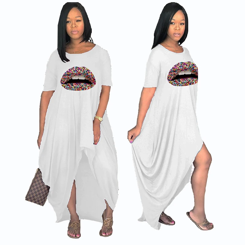 

Solid Color Lip Print Office Lady New Arrival Autumn Women Hot Style Model European and American Loose Maxi Dress