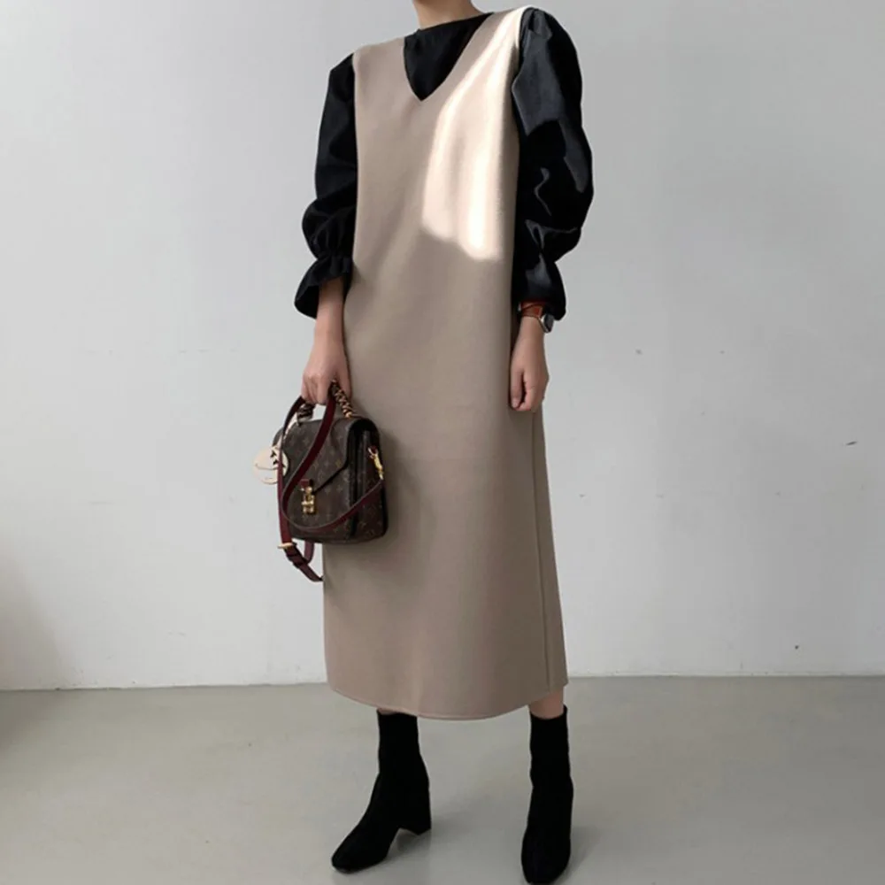 

Korean Version Japanese Two Piece Sets Fashion Casual Temperament Flared Sleeves Coat V-neck Woolen Cloth Dress