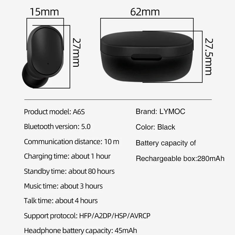 Фото Беспроводные наушники A6S для Airdots Bluetooth 5 0 TWS шумоподавление микрофон iPhone Huawei Samsung Беспроводные наушники A6S для Airdots Bluetooth 5 0 TWS шумоподавление микрофон iPhone Huawei Samsung