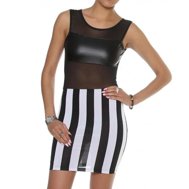 

Sexy Summer Fashion Sleeveless Black and white Mesh Inserted Leather Dress W84302