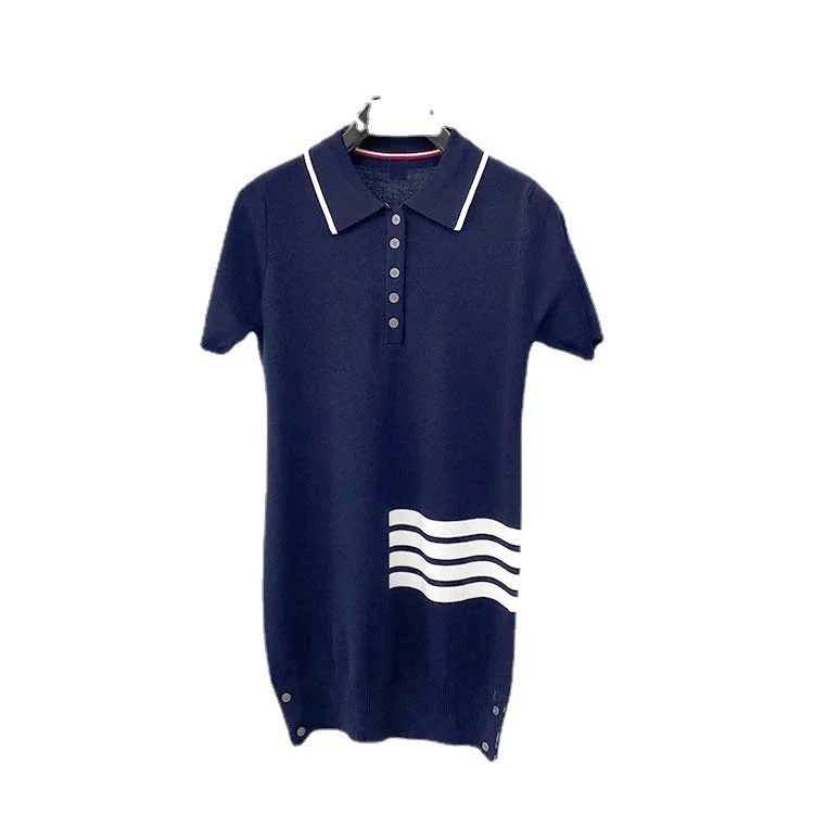 

TB 2021 new style side hem four-bar striped ice linen knitted POLO collar five-button long skirt women dress