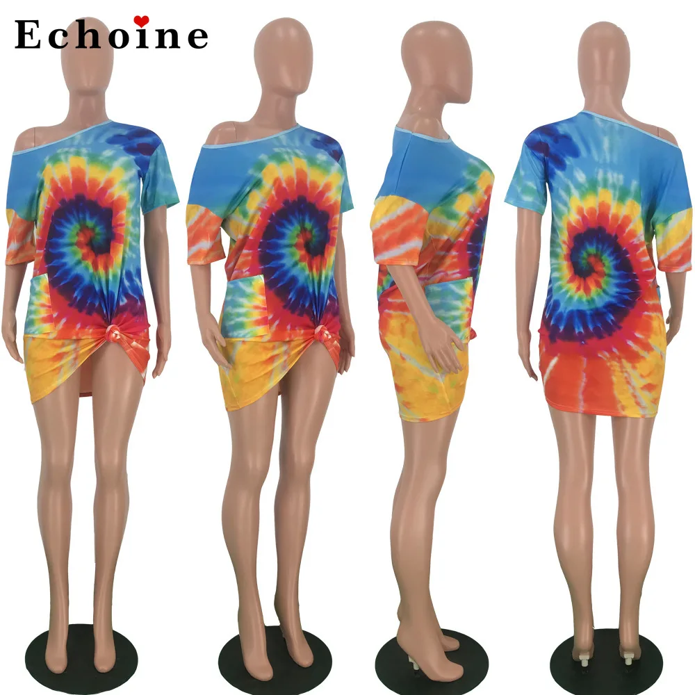 

Tie-Dye Printed Off-The-Shoulder Loose Casual Dress Women Asymmetric Neck Fancy Clothes Boho Vestidos Homewear One-Piece Outfits