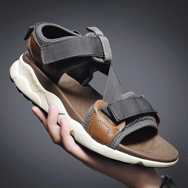 Cow leather men sandals mesh patchwork sandal thick heel leisure guys beach shoes trendy summer sneaker z878 images - 6