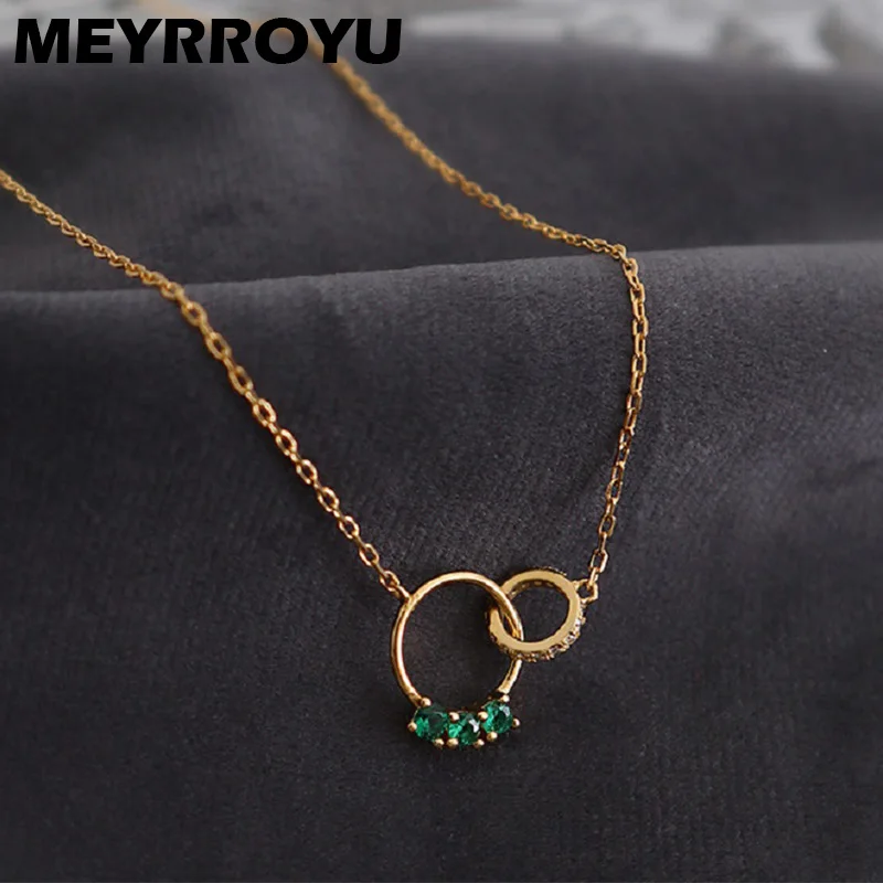 

Женское Ожерелье MEYRROYU, из стерлингового серебра 925 пробы с двойным геометрическим круглым зеленым цирконием, цепочка до ключиц, Подарочная ...