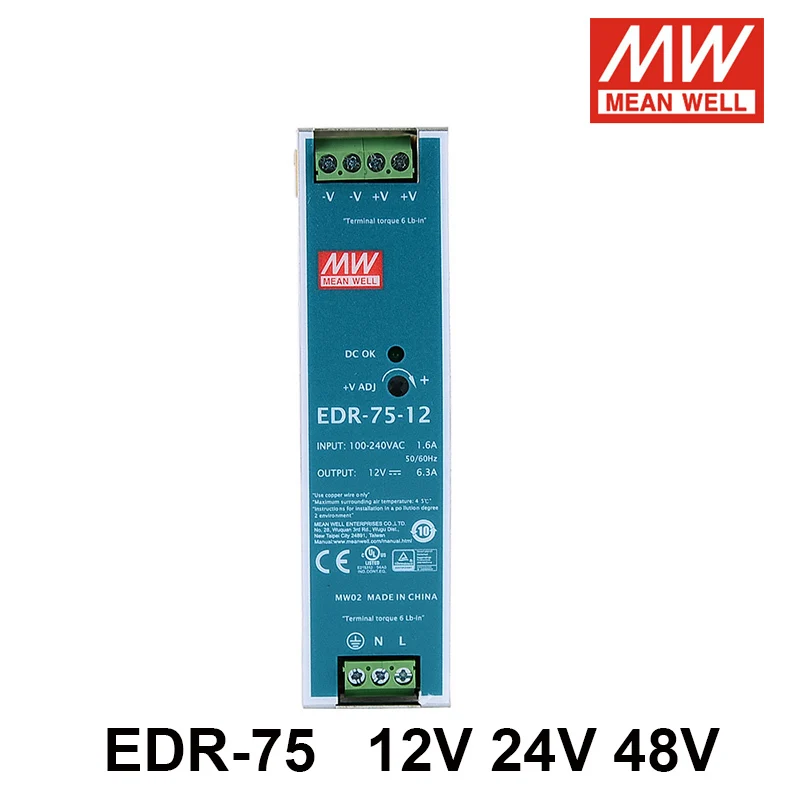 

Mean Well EDR-75 90-264V AC TO DC 12V 24V 48V Single Output Switching power supply Meanwell Din Rail Driver EDR-75-12 EDR-75-24