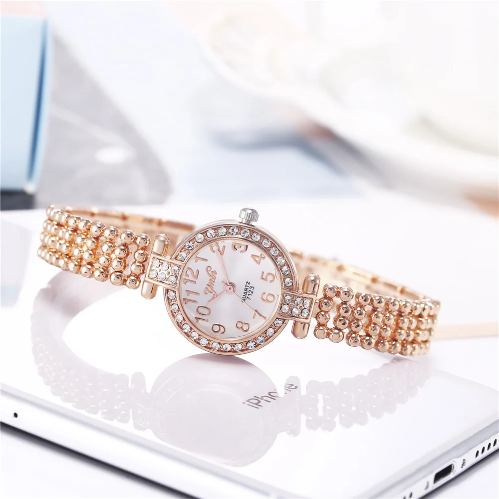 

Women Watch Luxury Fashion Brand Gold/Silver Bead Alloy Strap Ladies Bracelet Quartz Watch for Girl Student Female Gift Clock
