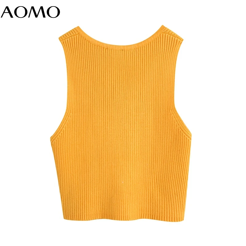 

AOMO women orange knit crop top spaghetti strap sleeveless backless short shirts female casual solid tops BE751A