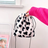 ins cute plush cow drawstring bags kawaii home storage bag mini cosmetic travel pouch wash holder crossbody bag for girl women